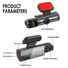 3.16 inch 1080P HD Night Vision Front and Inside Dual Lenses Driving Recorder, Front and Inside Dual Lenses