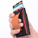 X-32C Automatically Pop-up Card Type Anti-magnetic RFID Anti-theft Men Aluminum Alloy A Dial Button Elastic Bag Wallet with PU Leather Strap, X-32C A Dial Button Black, X-32C A Dial Button Silver