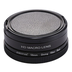 JSR 58mm 16X Macro Lens + Red Diving Lens Filter with Lens Cover + Lens Filter Ring Adapter + String + Cleaning Cloth for GoPro HERO6 /5 Dive Housing, For HERO6 /5
