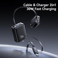 USAMS CC297 30W Fast Charger With Retractable USB-C / Type-C Cable, US Plug