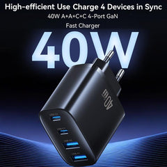 USAMS T70 CC330 40W Dual USB-A and Dual USB-C / Type-C 4-Port GaN Fast Charger, EU Plug