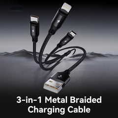 ROCK RCB0790 1.2m 3-in-1 USB to 8 Pin + Type-C + Micro USB Metal Braided Charging Cable, RCB0790