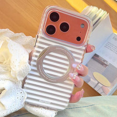 BAFFKKAF Frosted Stripes 360 Holder Airbag Double-Sided IMD Magnetic Phone Case, For iPhone 16, For iPhone 15 Pro Max, For iPhone 15 Pro, For iPhone 15