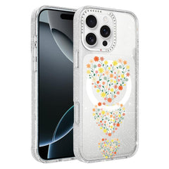 Flower Pattern IMD Glitter Magnetic Phone Case, For iPhone 16 Pro, For iPhone 16