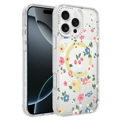 Flower Pattern IMD Glitter Magnetic Phone Case, For iPhone 16 Pro, For iPhone 16