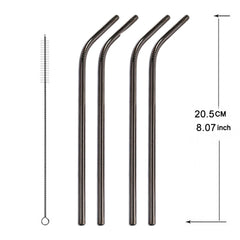 5pcs Reusable Stainless Steel Bent Drinking Straw + Cleaner Brush Set Kit, 215*6mm, 215*6mm (Bent)