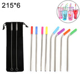 8pcs Reusable Silicone Tips Stainless Steel Drinking Straws + 2pcs Cleaner Brushes Set Kit with Cashmere Bag, 215*6mm, 215*6mm