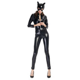 Halloween Costume Patent Leather Cat Girl Neutral Sexy Motorcycle Clothing Stage Performance Cosplay Clothing, Size:L, Bust: 85-90cm, Waistline:72-76cm, Clothes Long:140cm, Size: L Adult