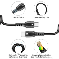 HAWEEL 2m 5A USB-C / Type-C to USB-C / Type-C Retractable Coiled PD Fast Charging Cable, 2m 5A Type-C