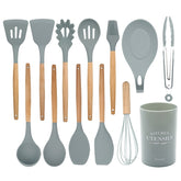 13 in 1 Silicone Wood Handle Heat-resistant Cooking Cutlery Sets Kitchen Tools with Large Container, 13 in 1, with Large Container