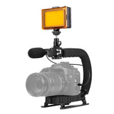 PULUZ U/C Shape Portable Handheld DV Bracket Stabilizer + LED Studio Light + Video Shotgun Microphone Kit with Cold Shoe Tripod Head for All SLR Cameras and Home DV Camera, Bracket Kits + Mic + LED