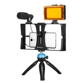 PULUZ 4 in 1 Vlogging Live Broadcast LED Selfie Light Smartphone Video Rig Kits with Microphone + Tripod Mount + Cold Shoe Tripod Head for iPhone, Galaxy, Huawei, Xiaomi, HTC, LG, Google, and Other Smartphones, 4-in-1(Blue), 4 in 1