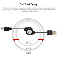 USB Retractable Data & Charger Cable for Motorola V3 / Mobile Phone / MP3 / MP4 / Digital Camera / GPS, Length: 10cm (Can be Extended to 80cm), Black, USB 2.0 to Mini 5 Pin, USB 1.1 to Mini 5 Pin