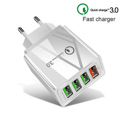 2 in 1 1m USB to 8 Pin Data Cable + 30W QC 3.0 4 USB Interfaces Mobile Phone Tablet PC Universal Quick Charger Travel Charger Set, EU Plug, 8 Pin Set EU Plug