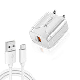 LZ-023 18W QC3.0 USB Portable Travel Charger + 3A USB toType-C Data Cable, US Plug, Type-C Data Cable, US Plug