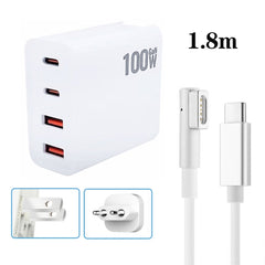 GaN 100W Dual USB+Dual USB-C/Type-C Multi Port Charger with 1.8m Type-C to MagSafe 1 / L Header Data Cable, US Plug, US / EU Plug, US / UK Plug, US / AU Plug, US / EU / UK Plug, US / EU / UK / AU Plug