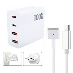 GaN 100W Dual USB-C/Type-C + Dual USB Multi Port Charger with 1.8m Type-C to MagSafe 2 / T Header Data Cable, US Plug, US / EU Plug, US / UK Plug, US / AU Plug, US / EU / UK Plug, US / EU / UK / AU Plug