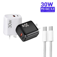 PD30W USB-C / Type-C + QC3.0 USB Charger with 1m Type-C to Type-C Data Cable, AU Plug, AU Plug + Type-C to Type-C Cable