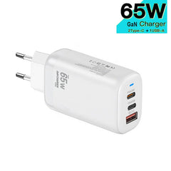 TE-65W GaN PD65W Dual USB-C+USB-A Laptop / Tablet Adapter,EU Plug, EU Plug