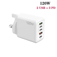 120W 3 PD Type-C Dual USB Multi Port Charger for Mobile Phones, UK Plug, UK Plug