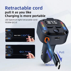 C69 PD 30W Fast Charger FM Transmitter Bluetooth Car Charger with Type-C Extendable Cable, C69