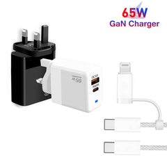 PD41 GaN PD 45W + USB Charger with USB-C to USB-C / 8 Pin Data Cable for iPhone, UK Plug, UK Plug