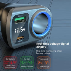 K29 3 in 1 Cigarette Lighter Socket Splitter Fast Charging Digital Display Car Charger