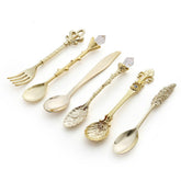 6pcs / Set Vintage Mini Coffee Spoons Suit Royal Style Metal Carved Coffee Fruit Cutler Dessert Flatware Kitchen Tools, Gold, Red Bronze, Antique Bronze๏ผWith Red Fork๏ผ, Antique Bronze๏ผWith Antique Fork๏ผ, Silver