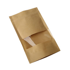 50 PCS Zipper Self Sealing Kraft Paper Bag with Window Stand Up for Gifts/Food/Candy/Tea/Party/Wedding Gifts, 18x26+4cm, 20x30+5cm, 23x35+5cm, 30x40+6cm