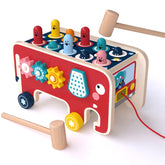 Baby Percussion Wooden Elephant Drag Cart Hitting Hamster Children Educational Toys, Red Elephant, Blue Elephant