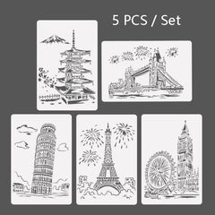 Painting Template Theme City A4 Label Template, Tower System (5pcs / Set), Sailing Line(5pcs / Set), 1 Paris Tower, 2 London Bridge, 3 Pisa Tower, 4 Big Ben, 5 Taj Mahal, 6 White House, 7 Castle, 8 Five-storied Pagoda, 9 Sydney, 10 Sailing Hotel