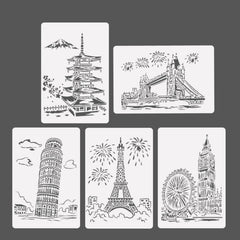 Painting Template Theme City A4 Label Template, Tower System (5pcs / Set), Sailing Line(5pcs / Set), 1 Paris Tower, 2 London Bridge, 3 Pisa Tower, 4 Big Ben, 5 Taj Mahal, 6 White House, 7 Castle, 8 Five-storied Pagoda, 9 Sydney, 10 Sailing Hotel