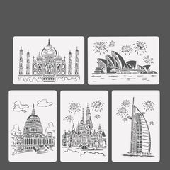 Painting Template Theme City A4 Label Template, Tower System (5pcs / Set), Sailing Line(5pcs / Set), 1 Paris Tower, 2 London Bridge, 3 Pisa Tower, 4 Big Ben, 5 Taj Mahal, 6 White House, 7 Castle, 8 Five-storied Pagoda, 9 Sydney, 10 Sailing Hotel