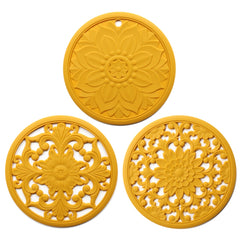 3 in 1 Hollow Flower Silicone Heat Insulation Pad Anti-Scalding Pot Bowl Pad Set, Black, Yellow, Blue, Green, Purple, Gray