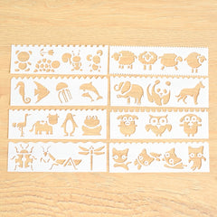 HB-9 Long Series 8 in 1 Drawing Ruler Hand Account Multi-Function Hollow Flower Edge Filling Template, Wave Letters, Cartoon Animals, Flowers, Architecture, Car, Leaves, Weather, Cruise Ship