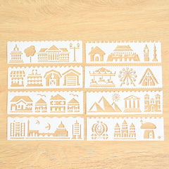 HB-9 Long Series 8 in 1 Drawing Ruler Hand Account Multi-Function Hollow Flower Edge Filling Template, Wave Letters, Cartoon Animals, Flowers, Architecture, Car, Leaves, Weather, Cruise Ship