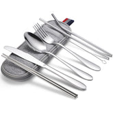 7 in 1 Cutlery Spoon Chopsticks And Straw Set Stainless Steel Portable Cutlery Set, Silver + Light Bag, Gold+ Light Bag, Rose+ Light Bag, Symphony + Light Bag, Black+ Light Bag, Silver + Deep Bag, Gold + Deep Bag, Rose + Deep Bag, Symphony + Deep Bag...