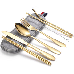 7 in 1 Cutlery Spoon Chopsticks And Straw Set Stainless Steel Portable Cutlery Set, Silver + Light Bag, Gold+ Light Bag, Rose+ Light Bag, Symphony + Light Bag, Black+ Light Bag, Silver + Deep Bag, Gold + Deep Bag, Rose + Deep Bag, Symphony + Deep Bag...