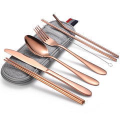 7 in 1 Cutlery Spoon Chopsticks And Straw Set Stainless Steel Portable Cutlery Set, Silver + Light Bag, Gold+ Light Bag, Rose+ Light Bag, Symphony + Light Bag, Black+ Light Bag, Silver + Deep Bag, Gold + Deep Bag, Rose + Deep Bag, Symphony + Deep Bag...