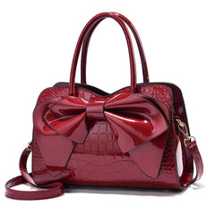 8111 Bow Bright Leather Ladies Handbag, Yellow, Red Wine, Khaki, Blue, Black, Light Green, Pink