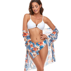Bikini + Mesh Shawl + Split Swimsuit Women Swimsuit With Chest Pad, XL
