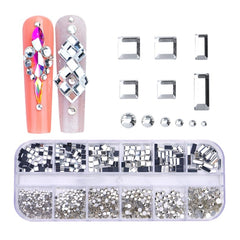 12 Grid Flat Bottom Shaped Nail Rhinestones Nail Decoration, 01, 02, 03, 04, 05, 06, 07, 08, 10, 11, 12, 13, 14, 15, 16, 18