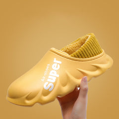 Winter Warm Velvet Thick Waterproof Cotton Slippers, Yellow, Blue Gray, Orange Red, Blue Gray 599, Duck Egg Green 599, Orange Red No Heel