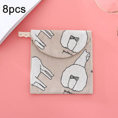8pcs Cotton and Linen Sanitary Napkin Storage Bag Handy Clutch Bag, Block, Waves, Owl, Black Tree, Black -bottomed White Tree, Gray Camel, Lucky Cat, Leaves, Blue Cat, Turtle, Elephant