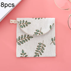 8pcs Cotton and Linen Sanitary Napkin Storage Bag Handy Clutch Bag, Block, Waves, Owl, Black Tree, Black -bottomed White Tree, Gray Camel, Lucky Cat, Leaves, Blue Cat, Turtle, Elephant