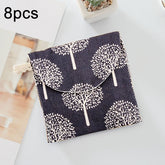 8pcs Cotton and Linen Sanitary Napkin Storage Bag Handy Clutch Bag, Block, Waves, Owl, Black Tree, Black -bottomed White Tree, Gray Camel, Lucky Cat, Leaves, Blue Cat, Turtle, Elephant