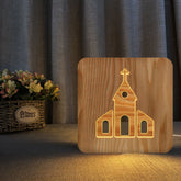 FS-T2242W 3D Solid Wood Carving Decorative Desk Lamp USB Night Light, Chapel