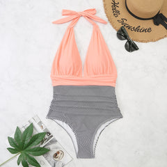 Summer One-piece Backless Lace-Up Ladies Swimsuit Floral-print Halter Bikini, M