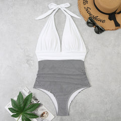 Summer One-piece Backless Lace-Up Ladies Swimsuit Floral-print Halter Bikini, L
