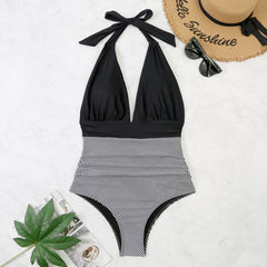 Summer One-piece Backless Lace-Up Ladies Swimsuit Floral-print Halter Bikini, L